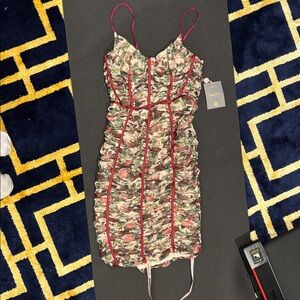 House of CB Floral Ruched Dress with Red Accents